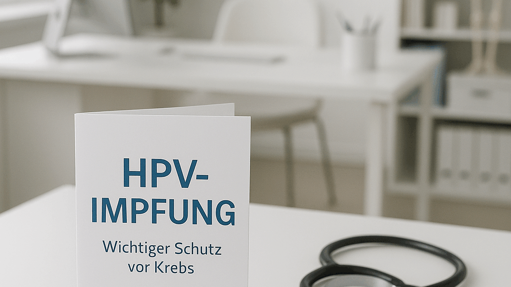 Flyer zur HPV-Impfung liegt auf einem Tisch in einer Arztpraxis, daneben befinden sich eine Impfspritze und ein Stethoskop. Im Hintergrund ist ein heller, moderner Behandlungsraum mit Schreibtisch und anatomischem Modell.
