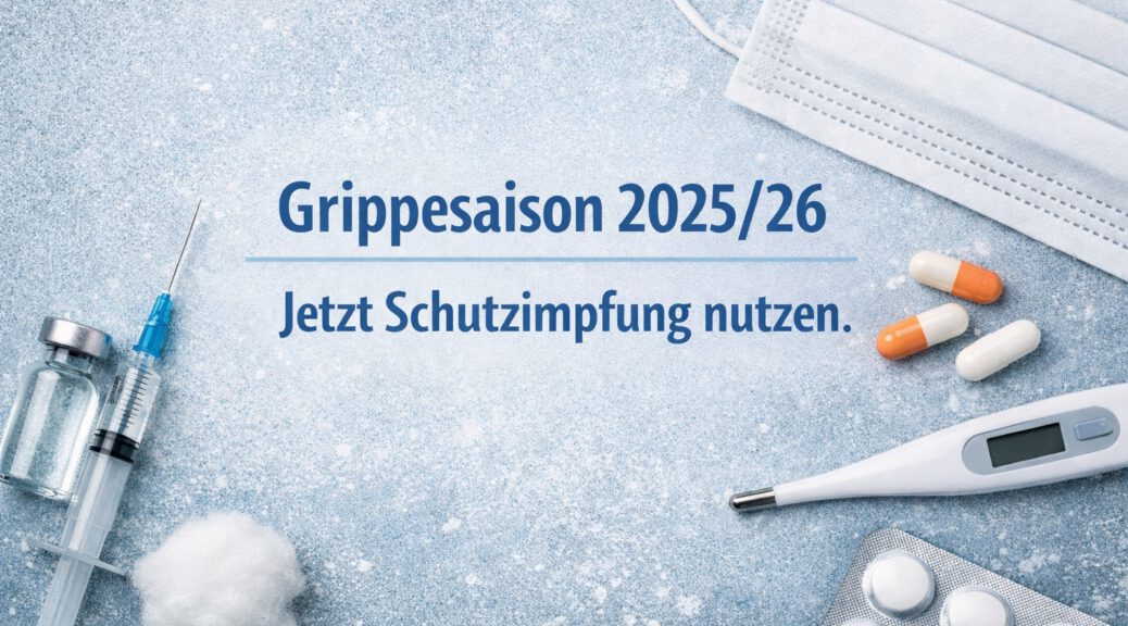 Stillleben mit Spritze, Impfstoff, Maske und Thermometer – Symbolbild zur Grippeimpfung 2025/26 in der Hausarztpraxis im Hannencenter in Korschenbroich