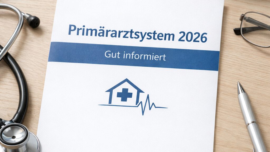 Informationsblatt zum Primärarztsystem 2026 auf einem Schreibtisch mit Stethoskop und weiteren Hausarztutensilien